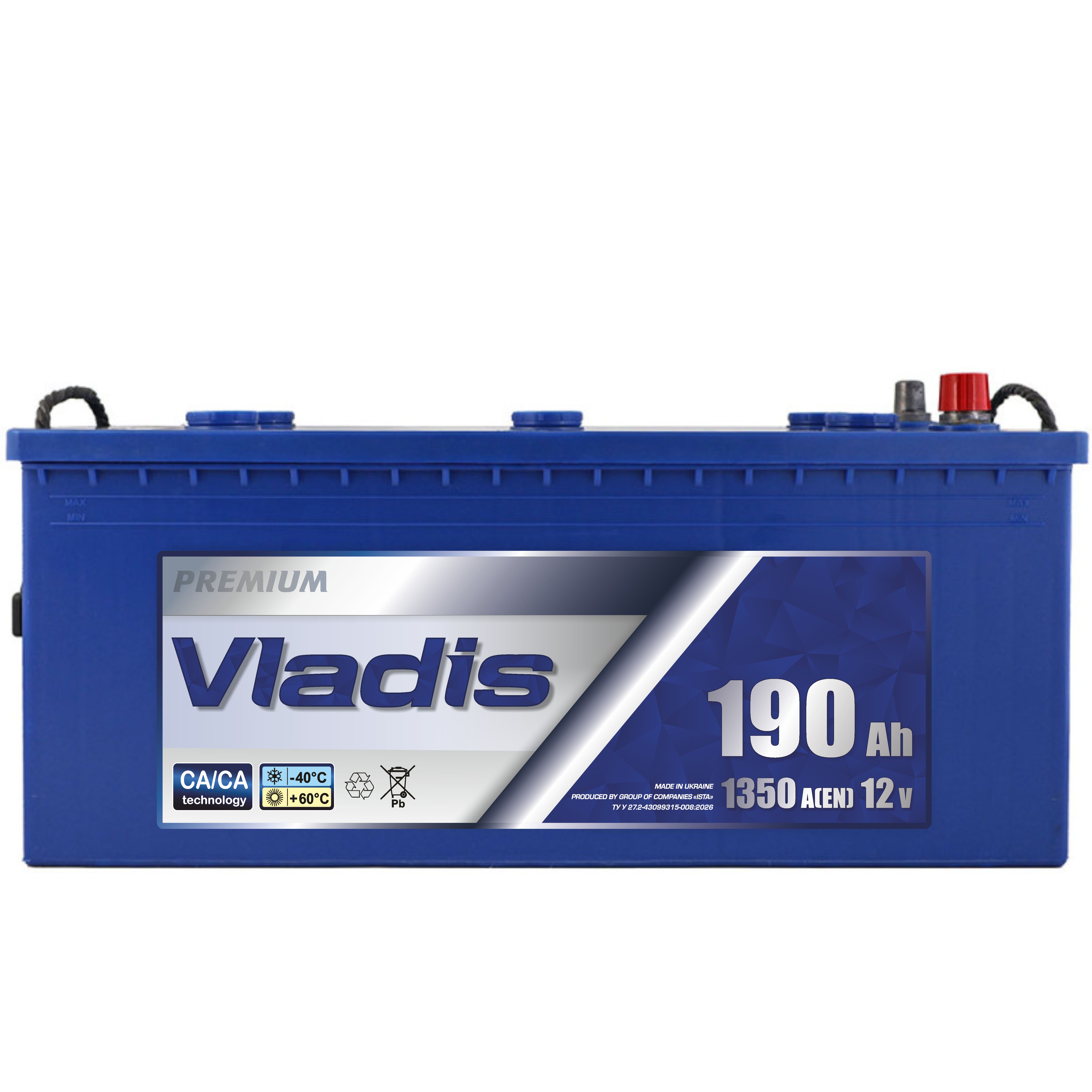 Акумулятор VLADIS PREMIUM 6СТ - 190Аh, 1350A, плюс зліва (L+), 518x240x242мм, широкий